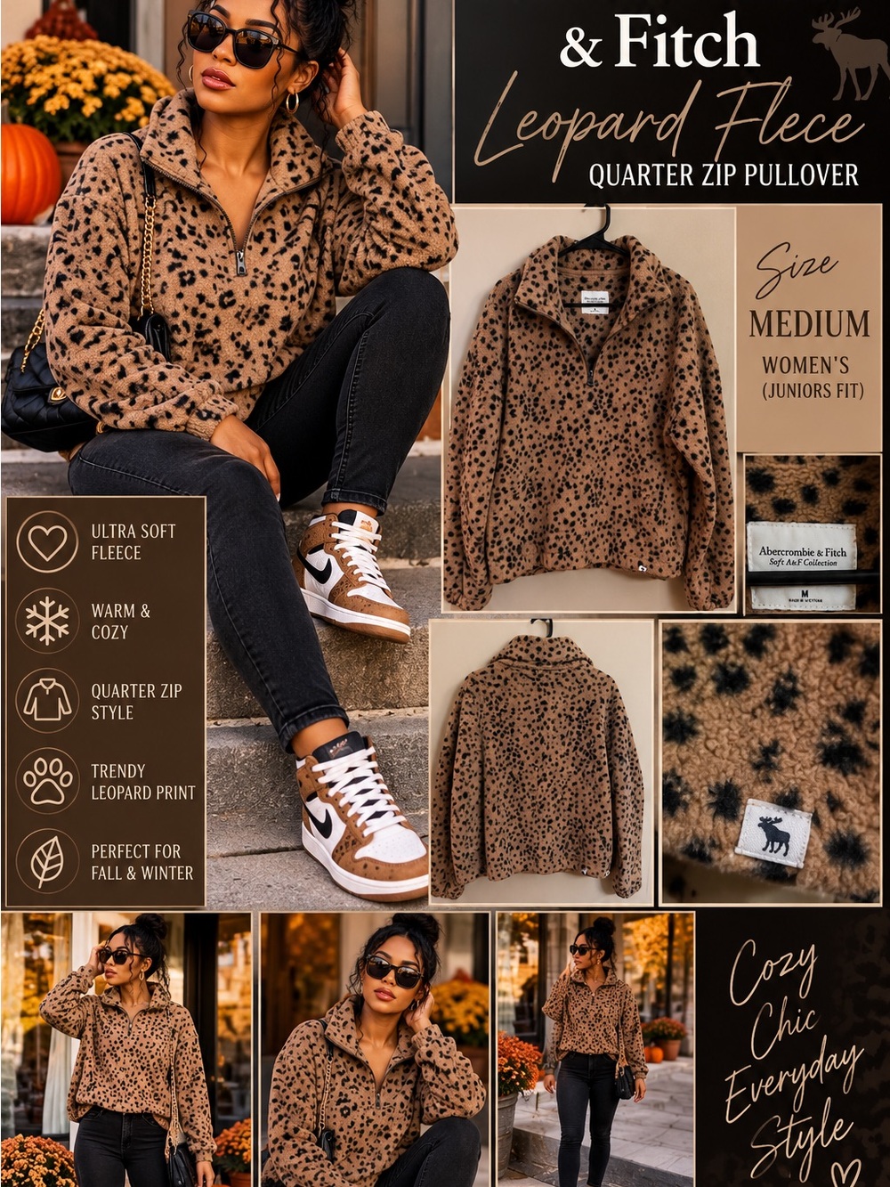 Abercrombie & Fitch Leopard Fleece Quarter Zip Pullover Women’s Medium